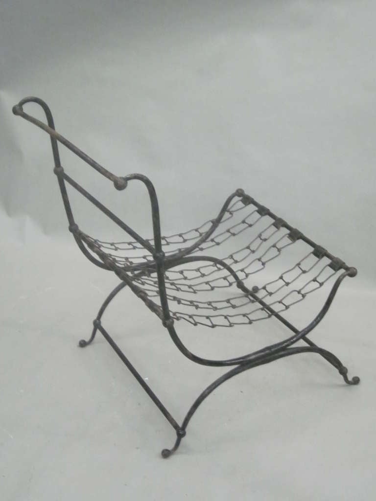 Rare Pair of French Hammered Iron and Chain Lounge Chairs by Jean-Charles Moreux For Sale 2