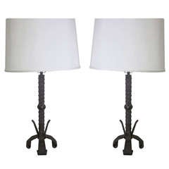 Pair of Hand Forged Faceted Iron Table Lamps