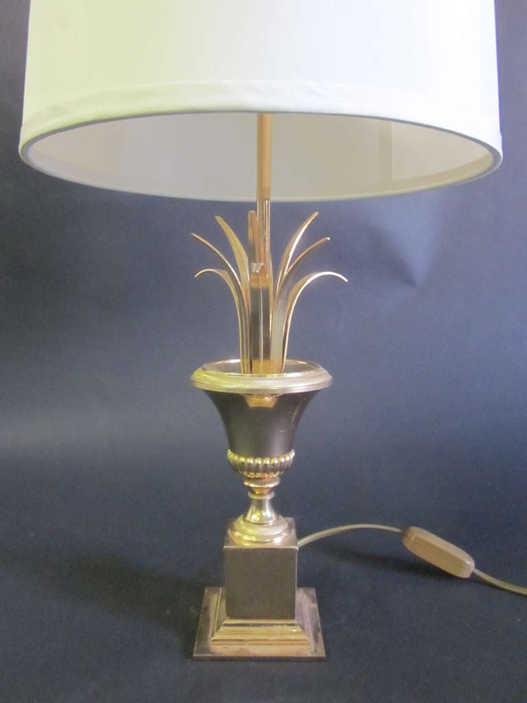 French Pair of Midcentury Brass Pineapple Frond Table Lamps Maison Charles Attributed