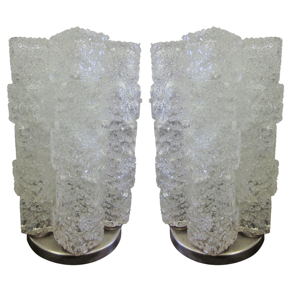 Pair Italian Mid-Century Modern "Ice Cube" Glass Table Lamps, Venini