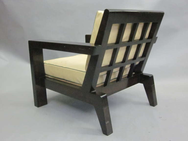 A Custom Made French Mid-Century Modern style armchair or club chair with geometric form grid-back in the style of Rene Gabriel. 

Cushions are French leatherette and should be replaced.