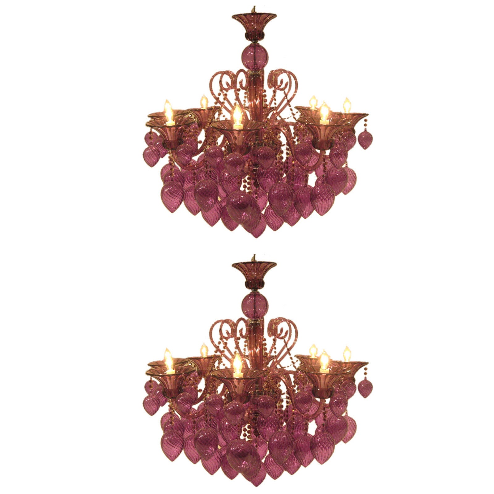 Pair of Italian Mid-Century Style Murano / Venitian Purple Glass Chandeliers