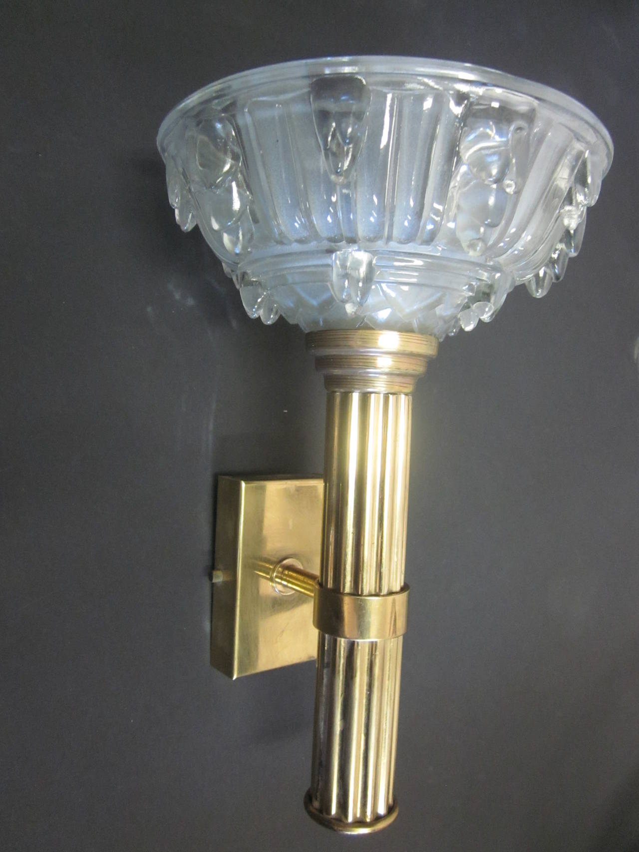 Mid-20th Century Pair of Large French Art Deco Crystal Torch Sconces Attributed to Lalique For Sale