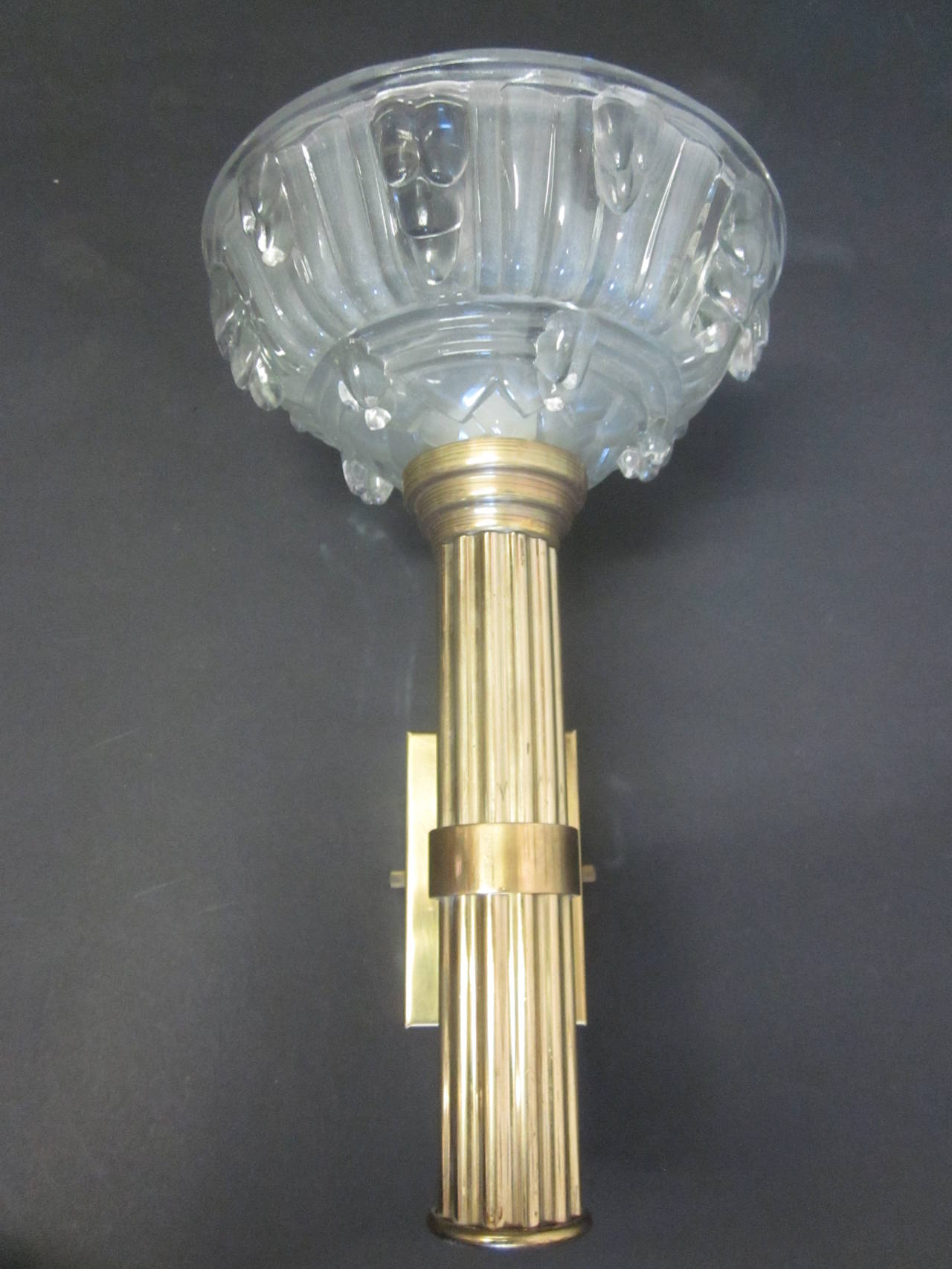 Brass Pair of Large French Art Deco Crystal Torch Sconces Attributed to Lalique For Sale