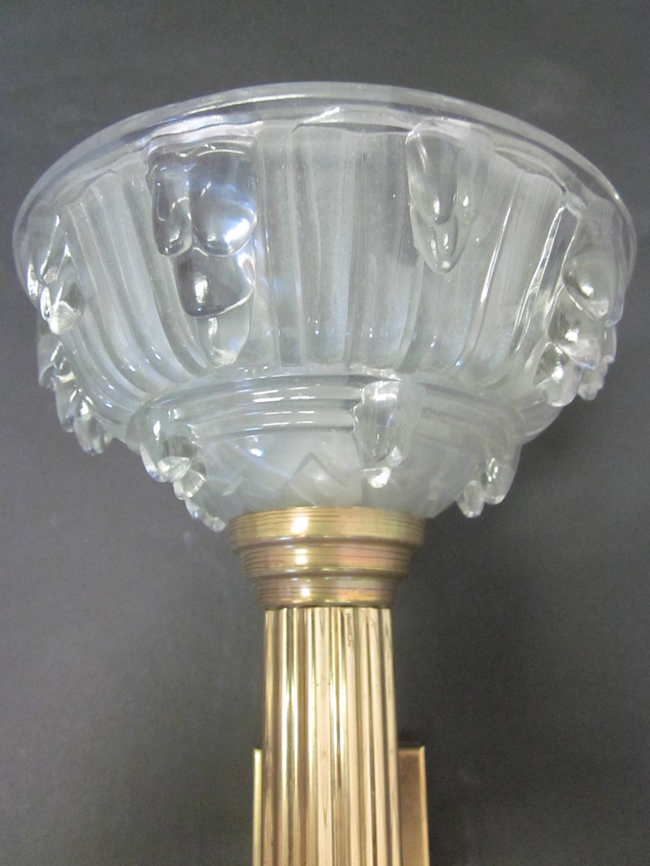 Pair of Large French Art Deco Crystal Torch Sconces Attributed to Lalique For Sale 1