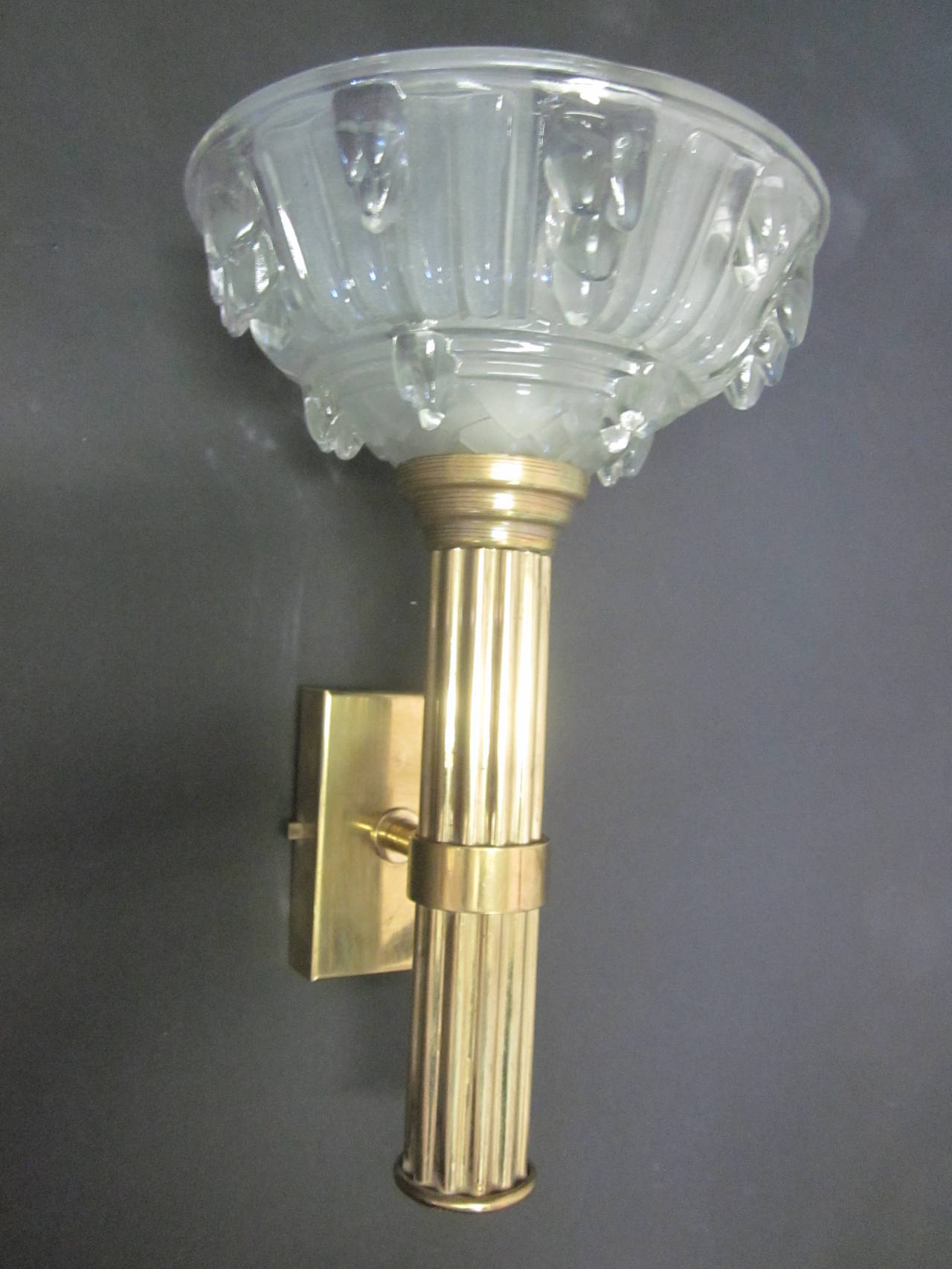 Pair of Large French Art Deco Crystal Torch Sconces Attributed to Lalique In Good Condition For Sale In New York, NY