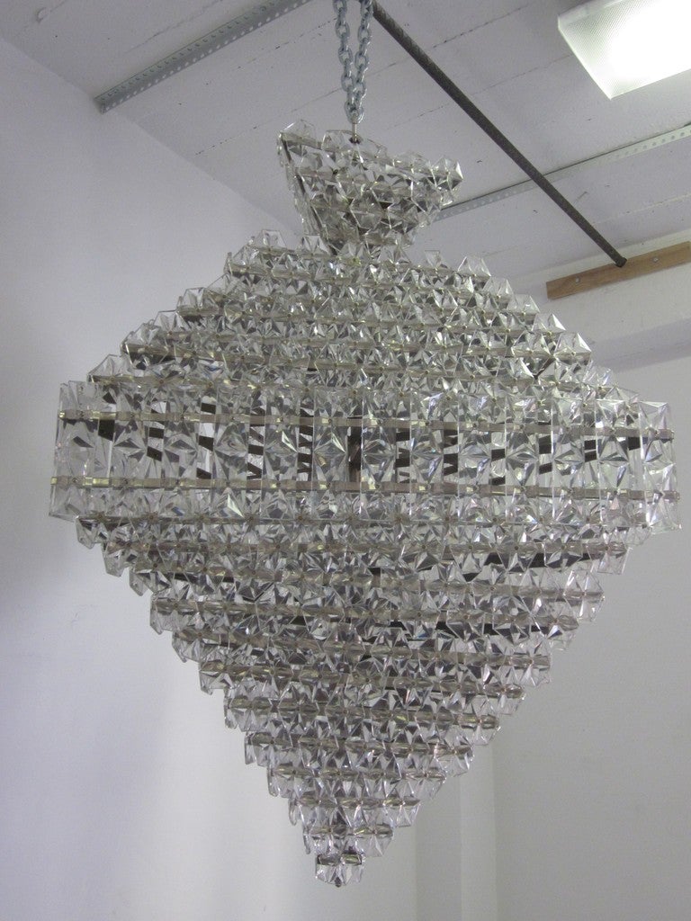 A rare and spectacular large Mid-Century Modern crystal chandelier in a diamond form attributed to Baccarat. 