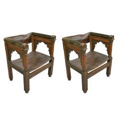 Antique Four Franco-Islamic Carved Wood and Leather Lounge Chairs