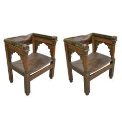 Exotic Pair of French Islamic Design Carved Wood and Leather Lounge Chairs