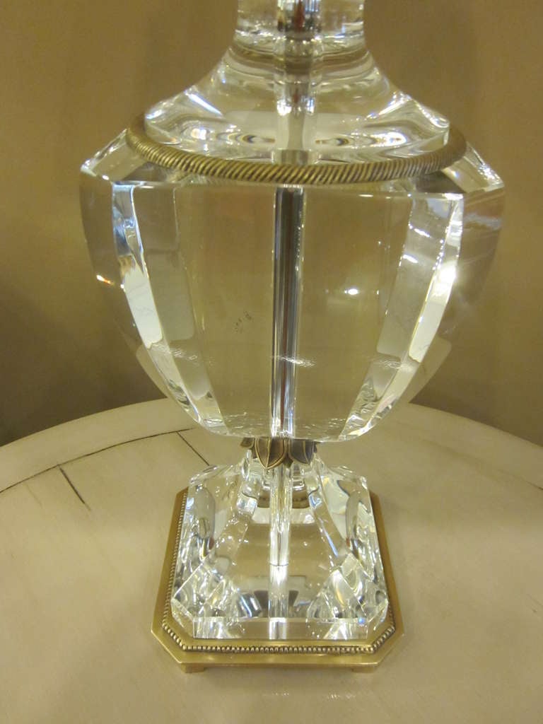 Pair of Italian Modern Neoclassical Solid Crystal and Brass Table Lamps In Excellent Condition In New York, NY