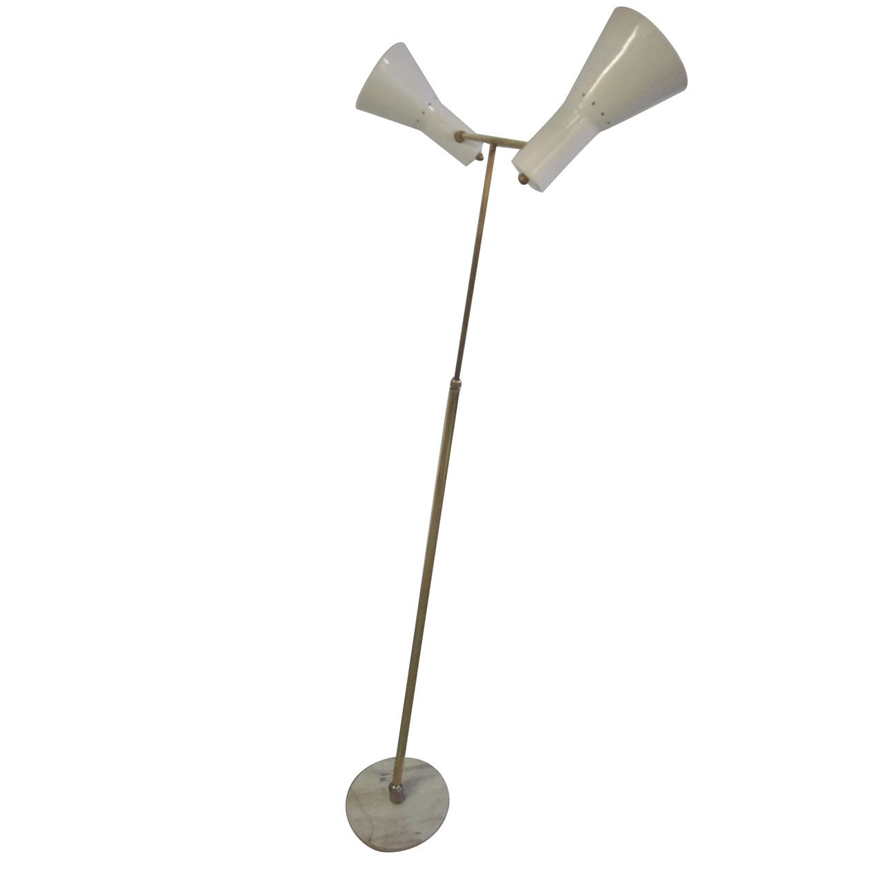 Italian Mid-Century Modern double reflector standing lamp with triple multi-flex orientations by Giuseppe Ostuni and Edited by O-Luce. 

The lower stem pivots 360 degrees (forward, backward, all around) and the upper stem and double reflectors both