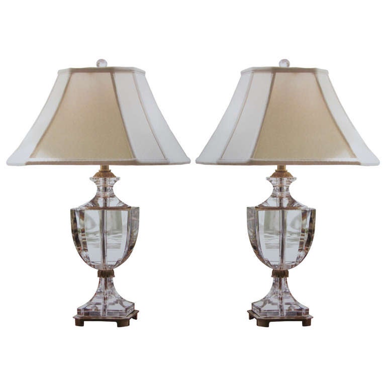 Pair Of Italian Modern Neoclassical Solid Crystal And Brass Table Lamps
