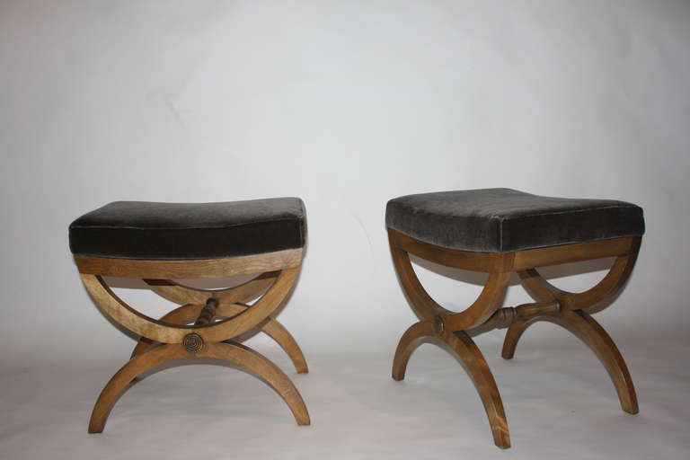 Pair of benches in mohair. carved mahogany legs