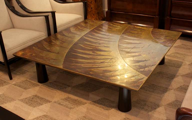 Acid etched, cladded ibrass and copper table with oak base by Italian designer Lorenzo Buchiellaro. signed.
