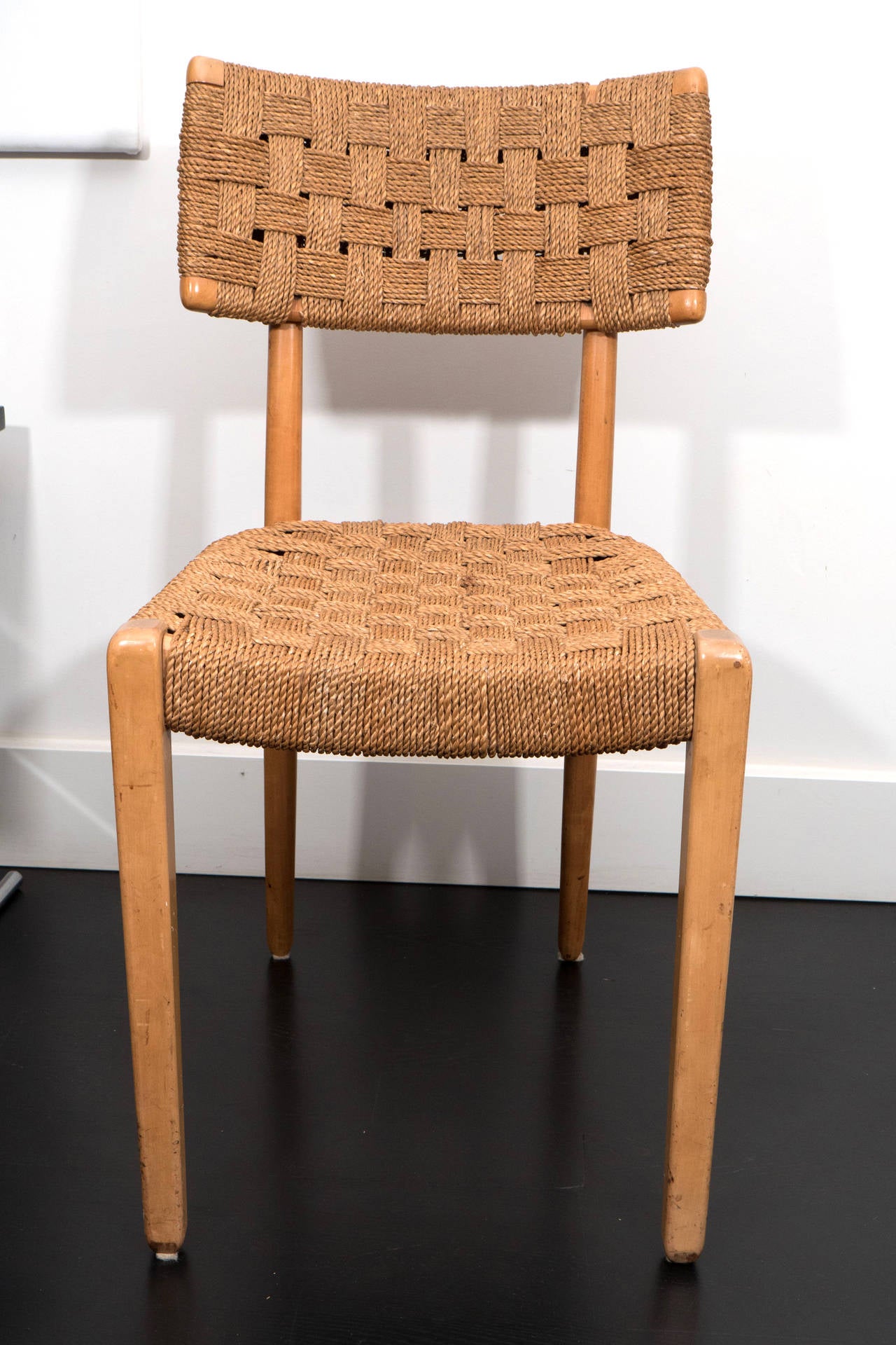 Pair of Raffia Woven Oak Chairs For Sale 1