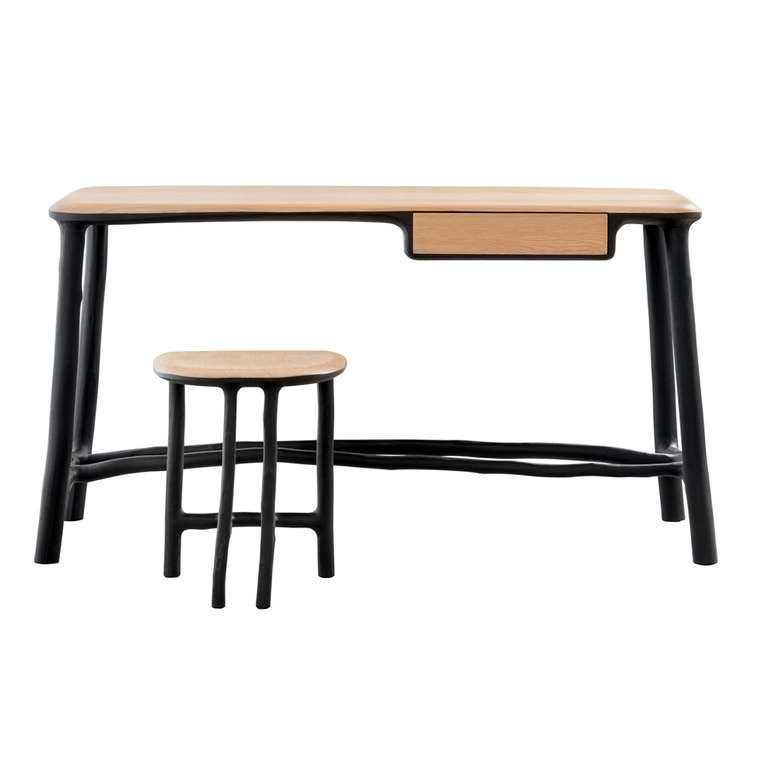 Polished oak and black hazelnut desk and stool set by Valentin Loellmann (b.1983).