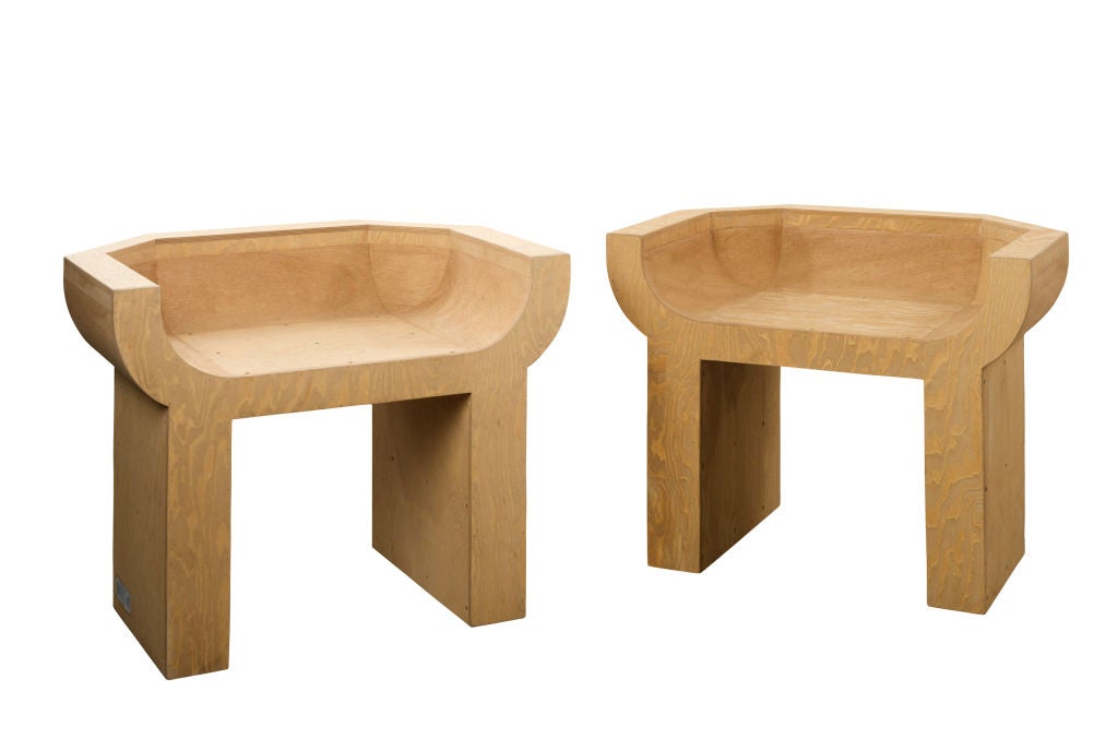 A chair of natural stained plywood designed by Rick Owens (b. 1962). From the edition of 25.