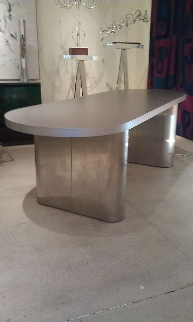 Modern Aluminum Faux Finish Wood Top Dining Table circa 1960 For Sale