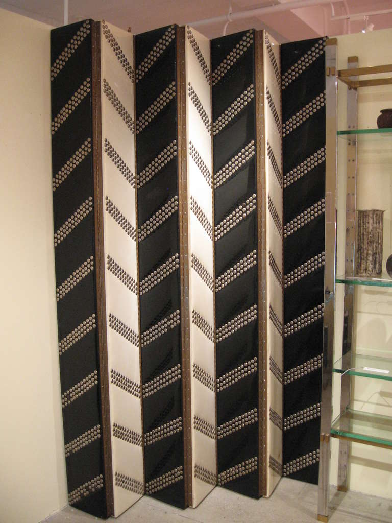Black and White Leather Screen with Original Steel Nail Heads 1940's
