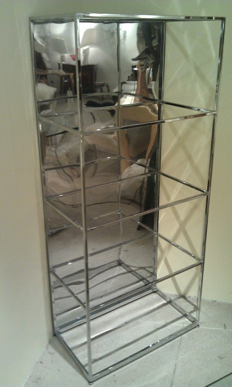 Milk Baughman chrome and mirrored stainless etagere with 5 glass shelfs