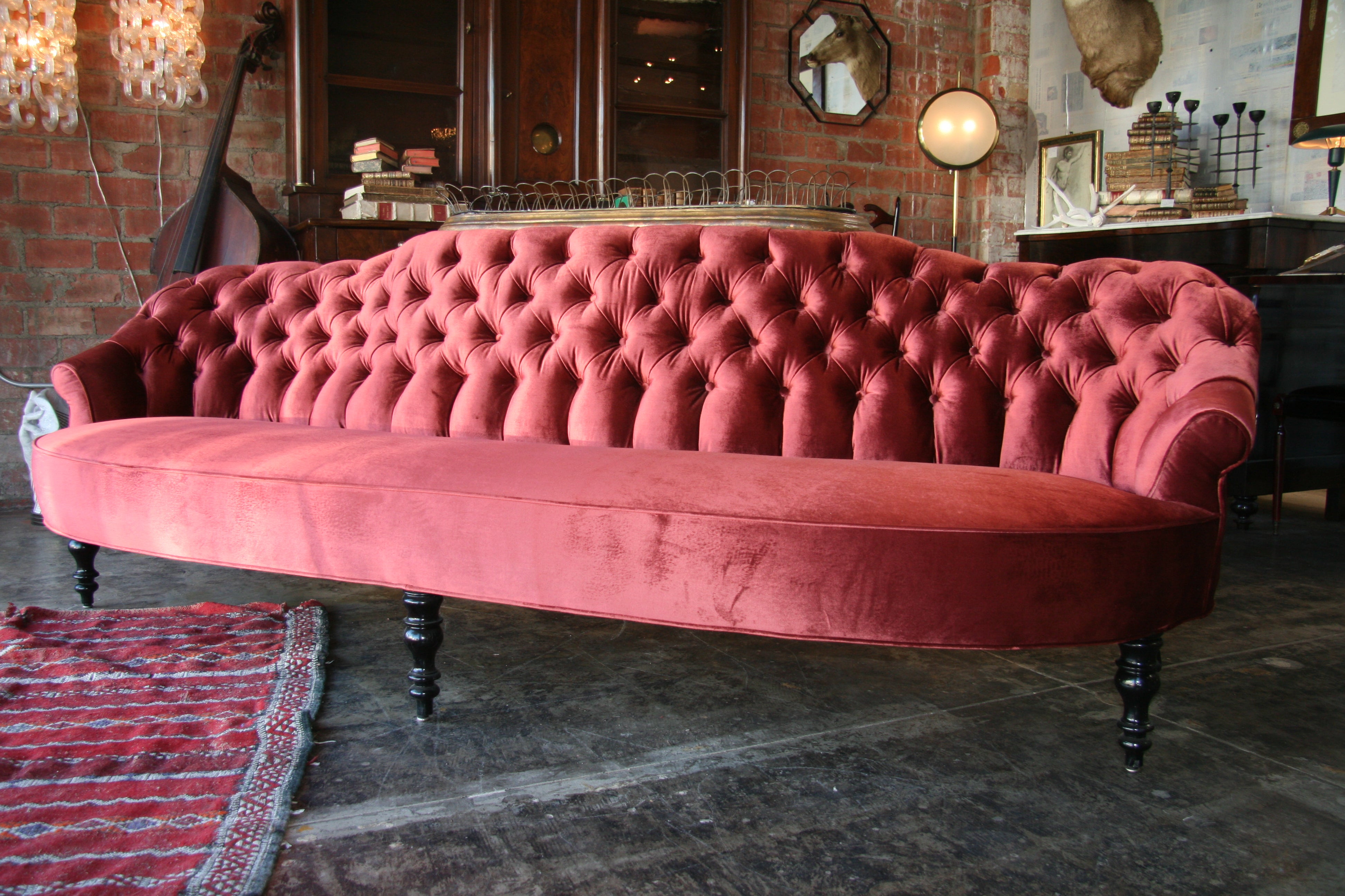 19th c. Tufted Sofa with gold leaf/Iron Planter For Sale