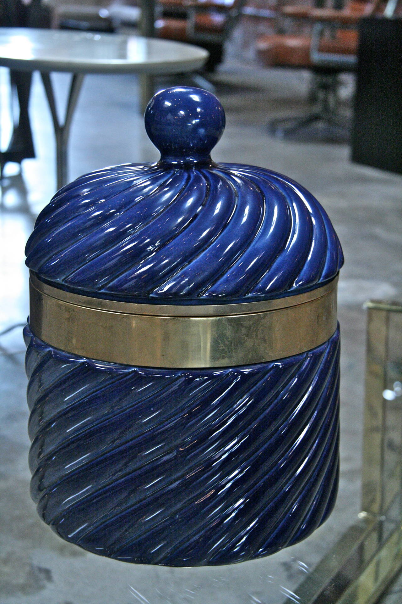 Italian Ice Bucket in Blue Ceramic and Brass by Tommaso Barbi