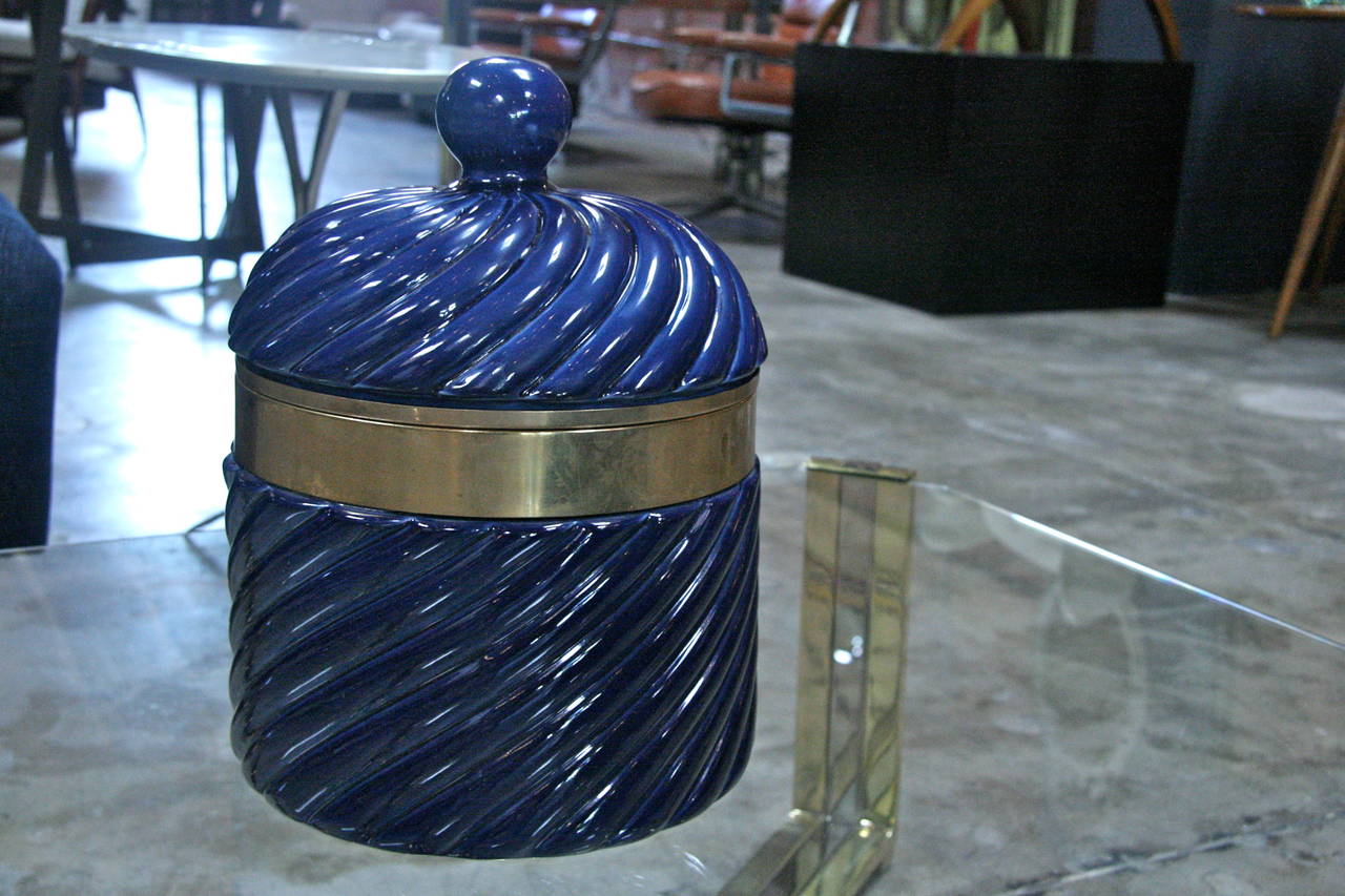 Ice Bucket in Blue Ceramic and Brass by Tommaso Barbi In Excellent Condition In Los Angeles, CA