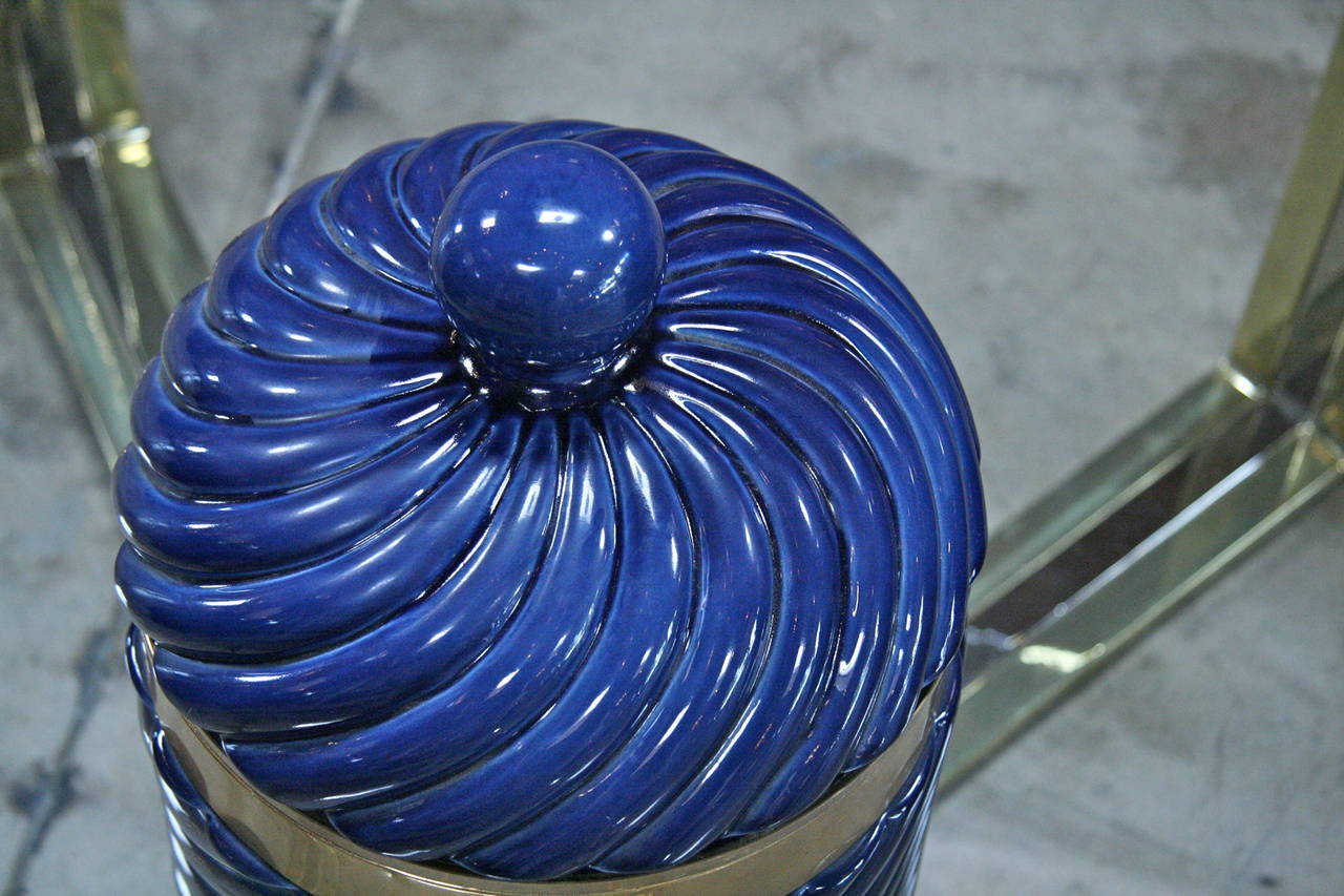 Mid-20th Century Ice Bucket in Blue Ceramic and Brass by Tommaso Barbi