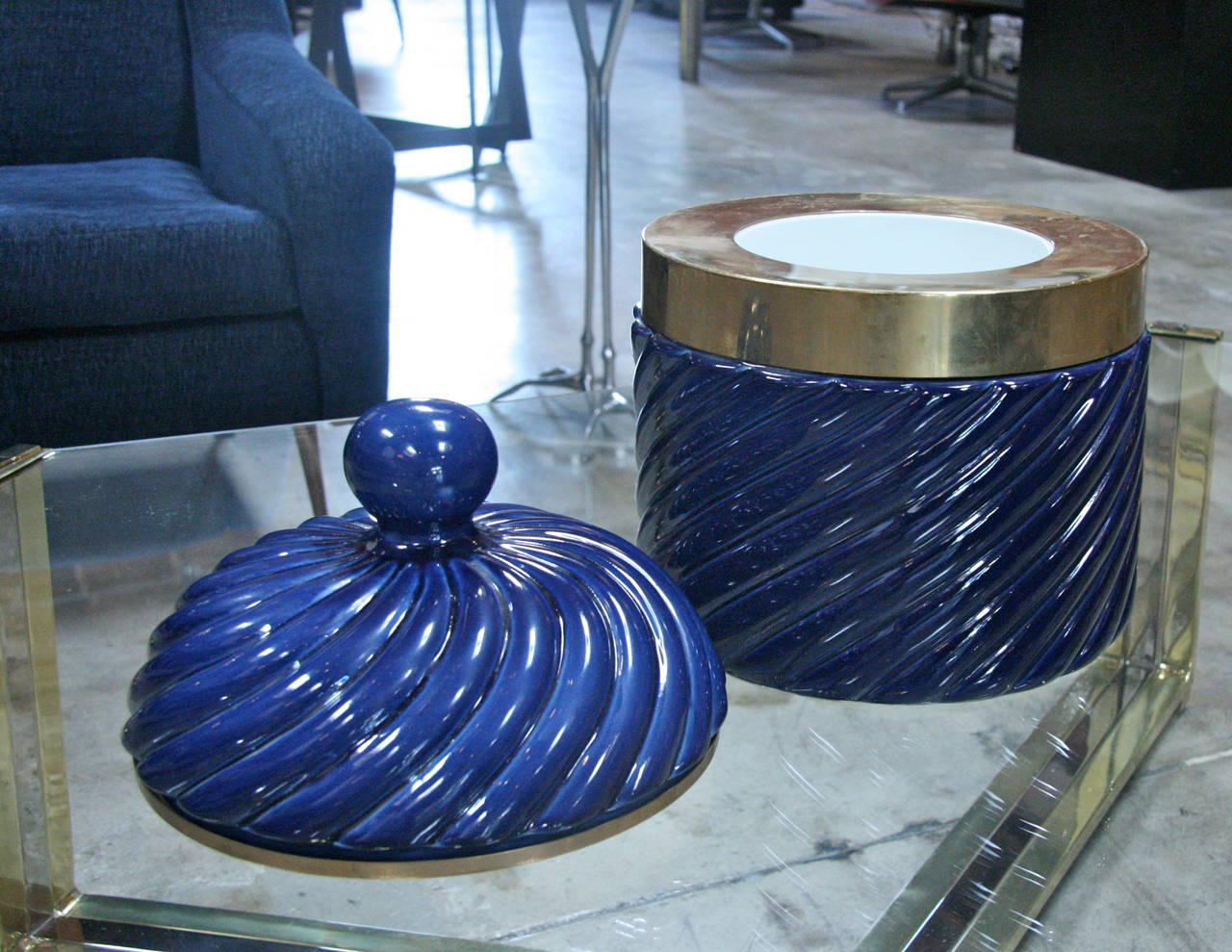 Ice Bucket in Blue Ceramic and Brass by Tommaso Barbi 1