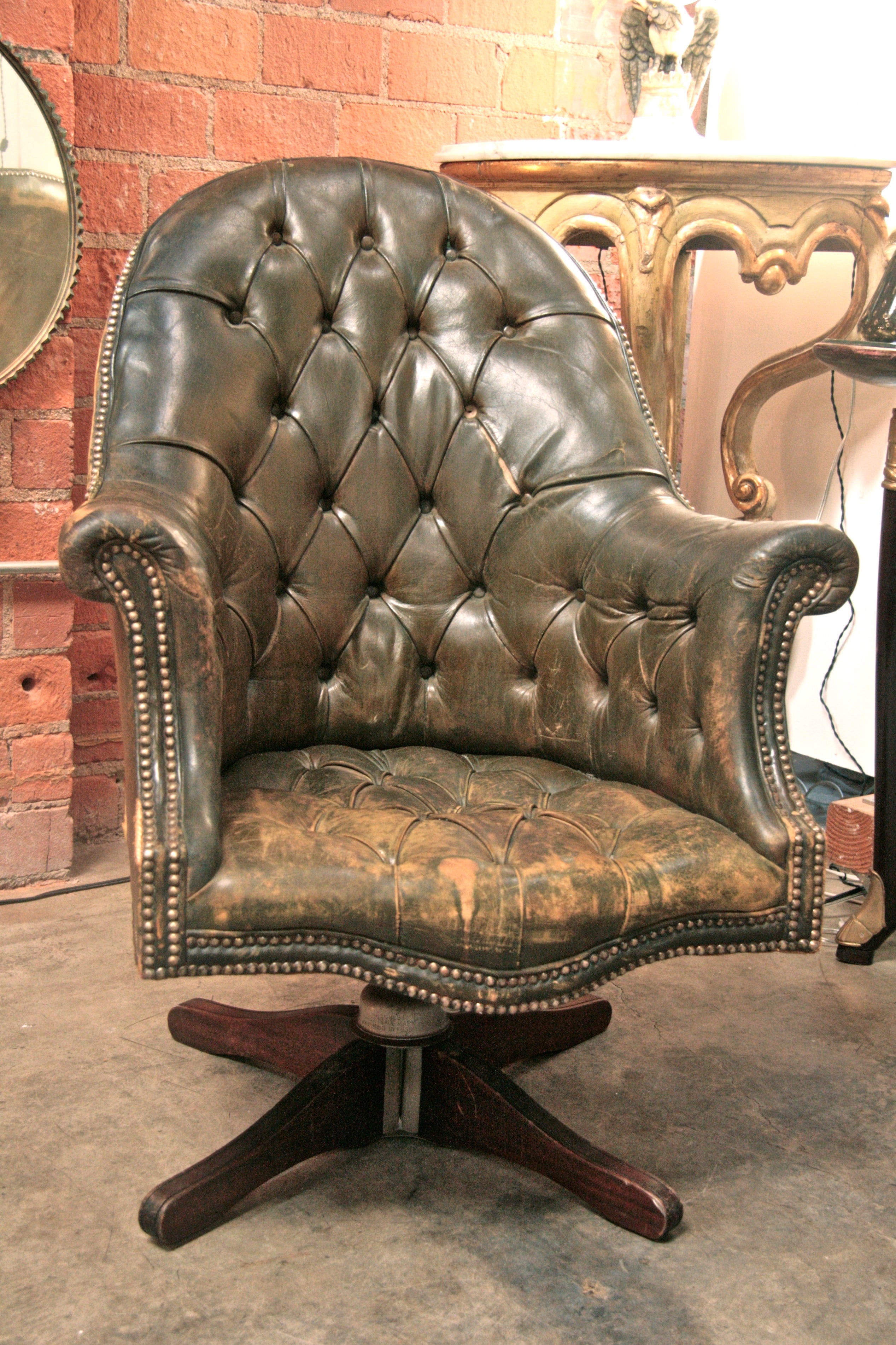 Italian 20's Chesterfield Style Swivel Leather Chair