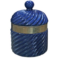 Ice Bucket in Blue Ceramic and Brass by Tommaso Barbi