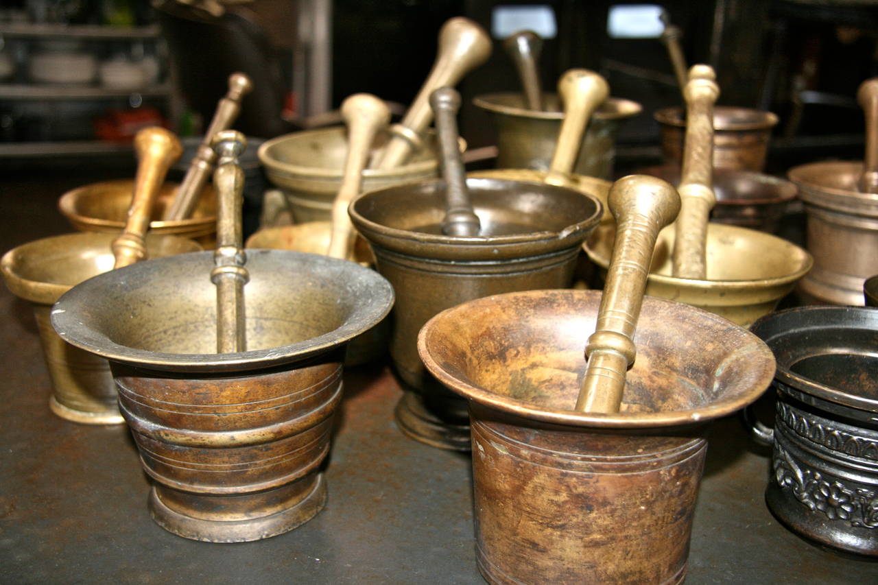 Collection of 17 Pharmacy Mortar and Pestles In Good Condition For Sale In Los Angeles, CA