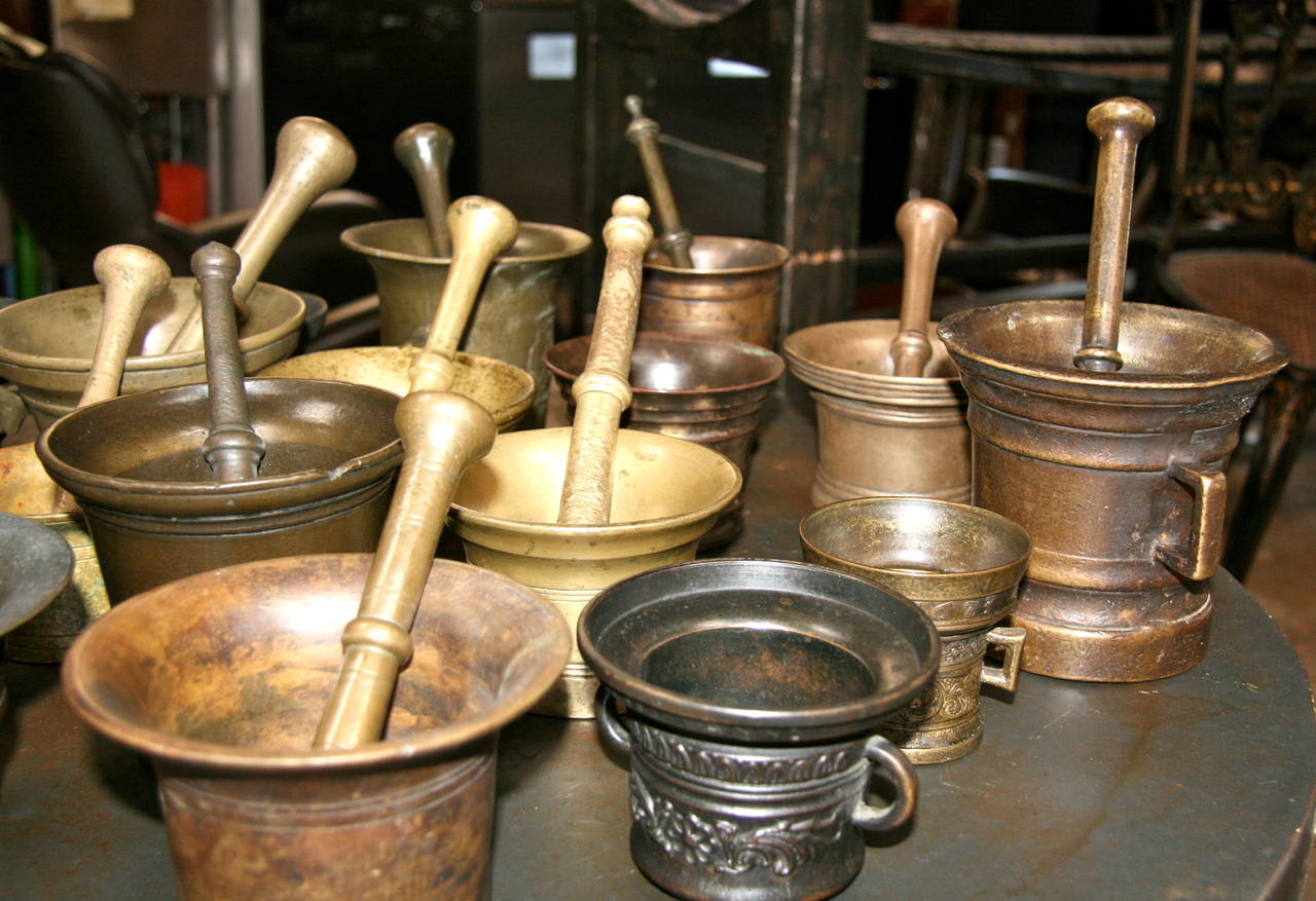 Brass Collection of 17 Pharmacy Mortar and Pestles For Sale