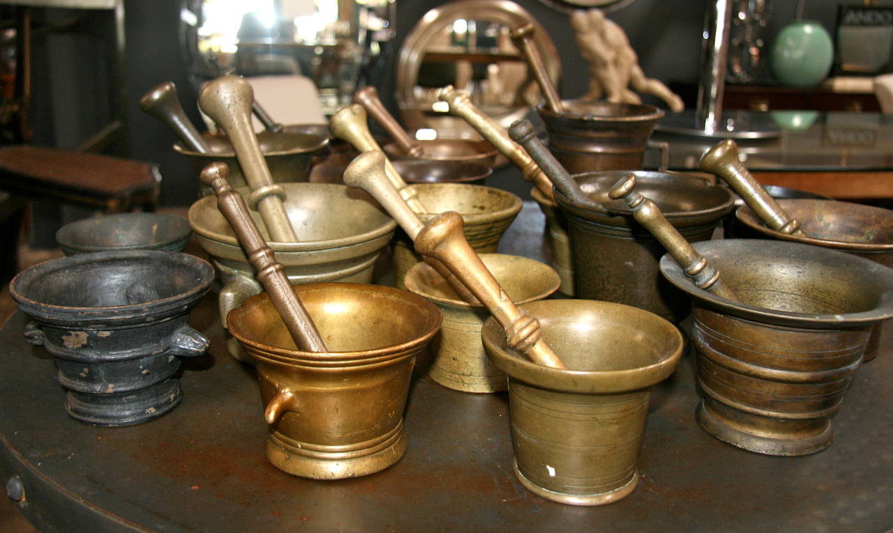 Collection of 17 Pharmacy Mortar and Pestles In Good Condition For Sale In Los Angeles, CA