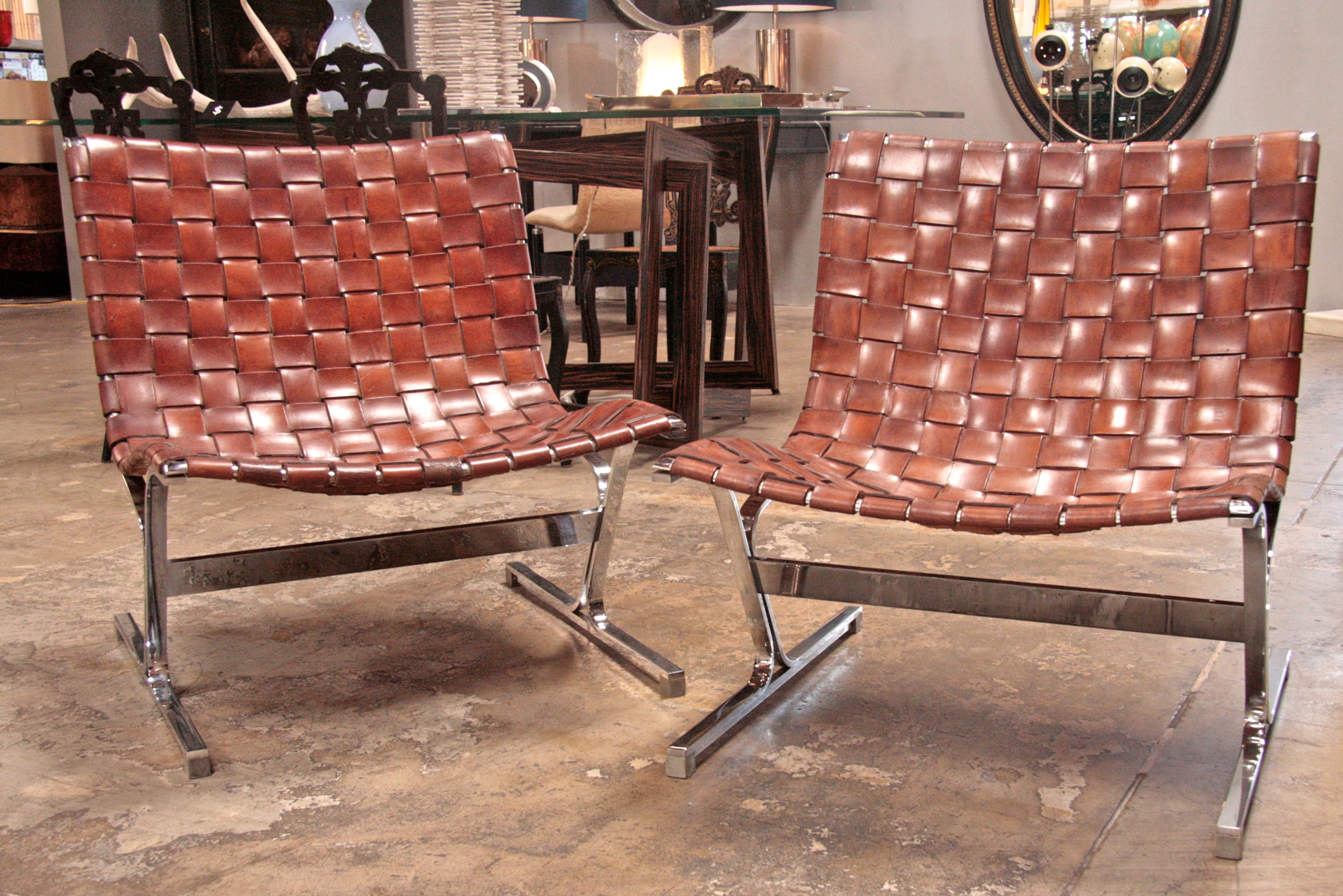 Ross Littell Steel & Woven Leather Lounge Chairs