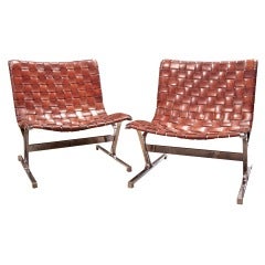 Ross Littell Steel & Woven Leather Lounge Chairs