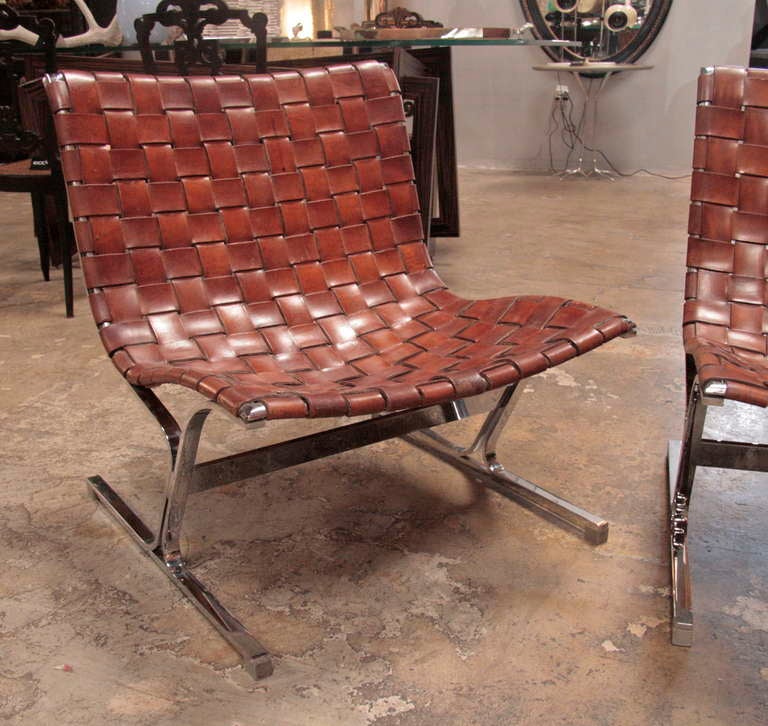 Italian Ross Littell Steel & Woven Leather Lounge Chairs