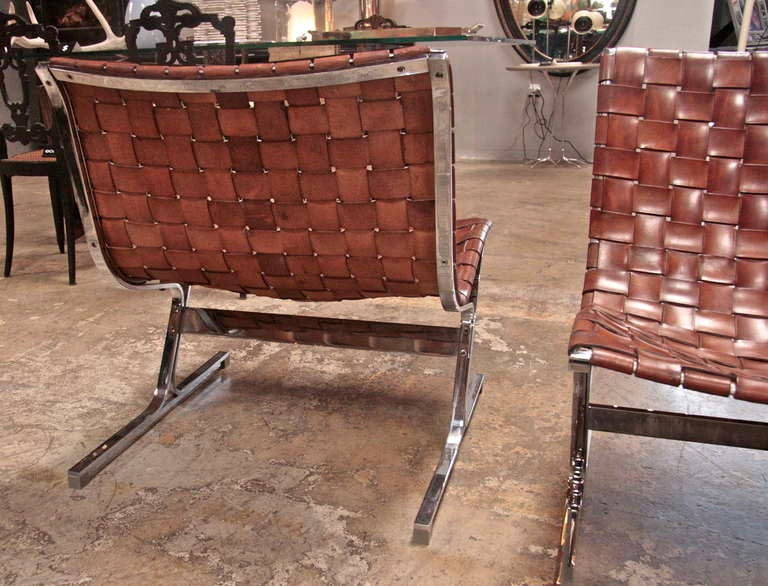 Mid-20th Century Ross Littell Steel & Woven Leather Lounge Chairs