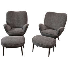 Vintage Italian 1950's Pair of Armchairs by: Silvio Cavatorta with Matching Ottomans