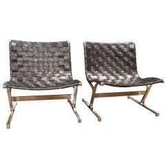Vintage Steel & Woven Leather Lounge Chairs