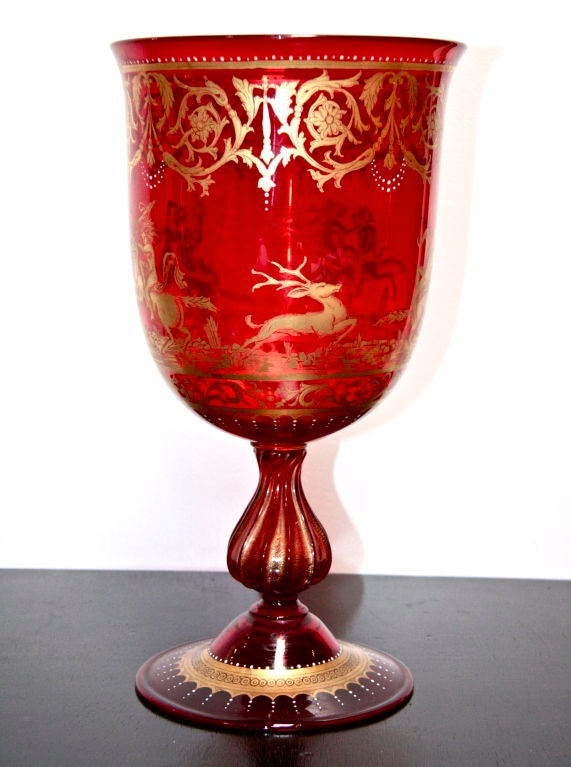 Red Glass/Gold Leaf Murano Goblet depicting mythological motif