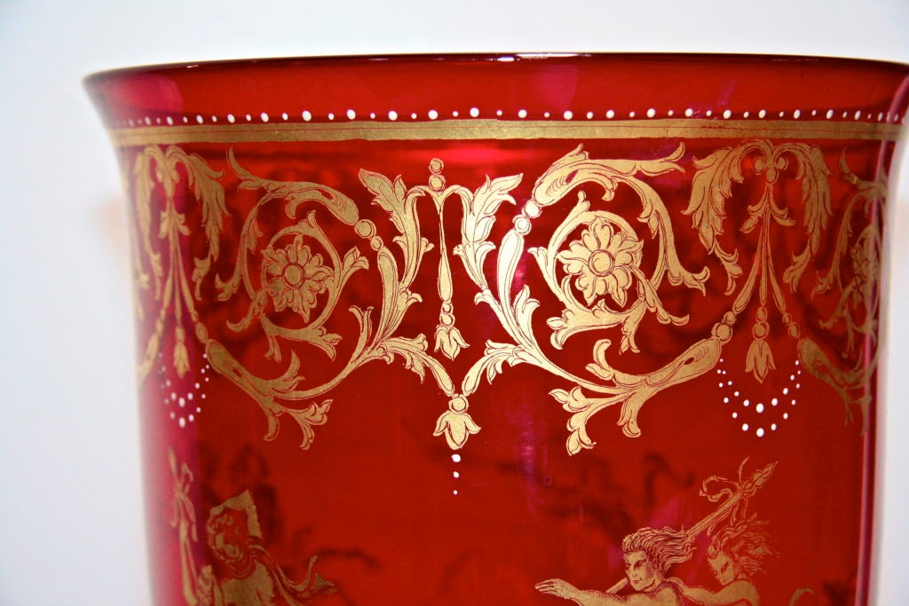 Italian Murano Red Glass Oversized Goblet with Gold Leaf Decorative Scene