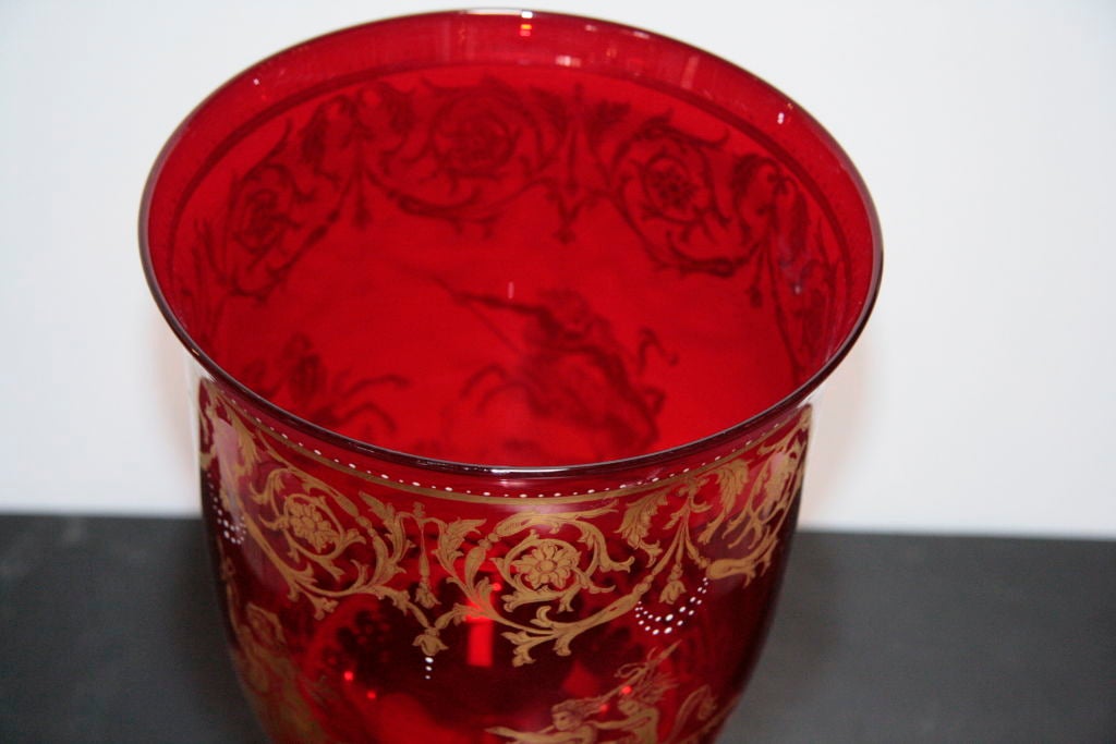 Mid-20th Century Murano Red Glass Oversized Goblet with Gold Leaf Decorative Scene