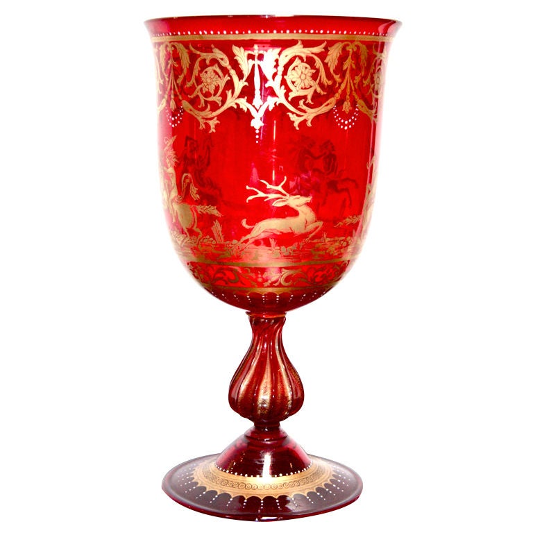 Murano Red Glass Oversized Goblet with Gold Leaf Decorative Scene