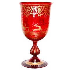 Vintage Murano Red Glass Oversized Goblet with Gold Leaf Decorative Scene