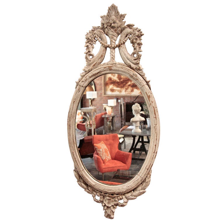 Italian 18th C. Oval Carved Wood Mirror With White Frame