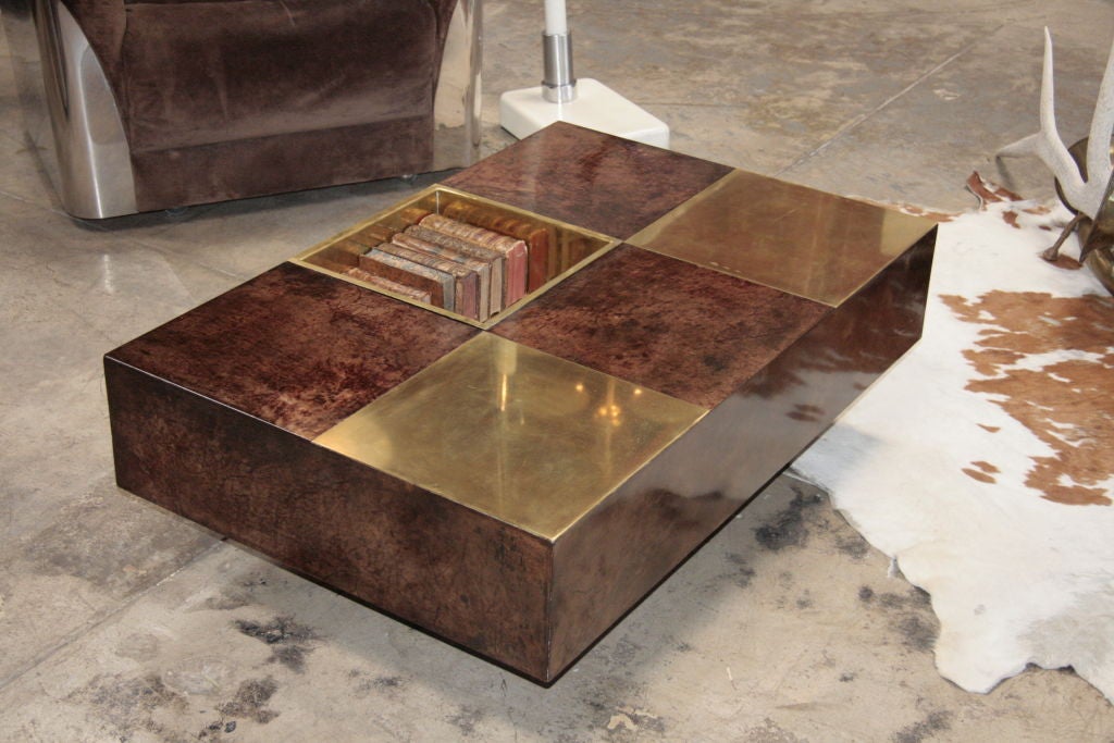 Parchment Paper Italian 1970's Coffee Table By: Aldo Tura w/ Parchment & Brass