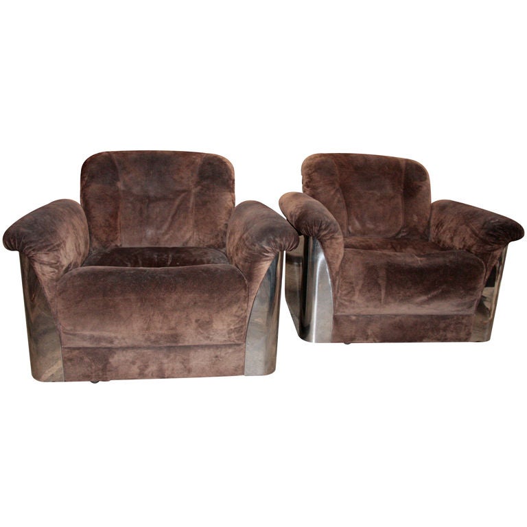 Pair of Italian Leather Armchairs with Chromed Steel Bases