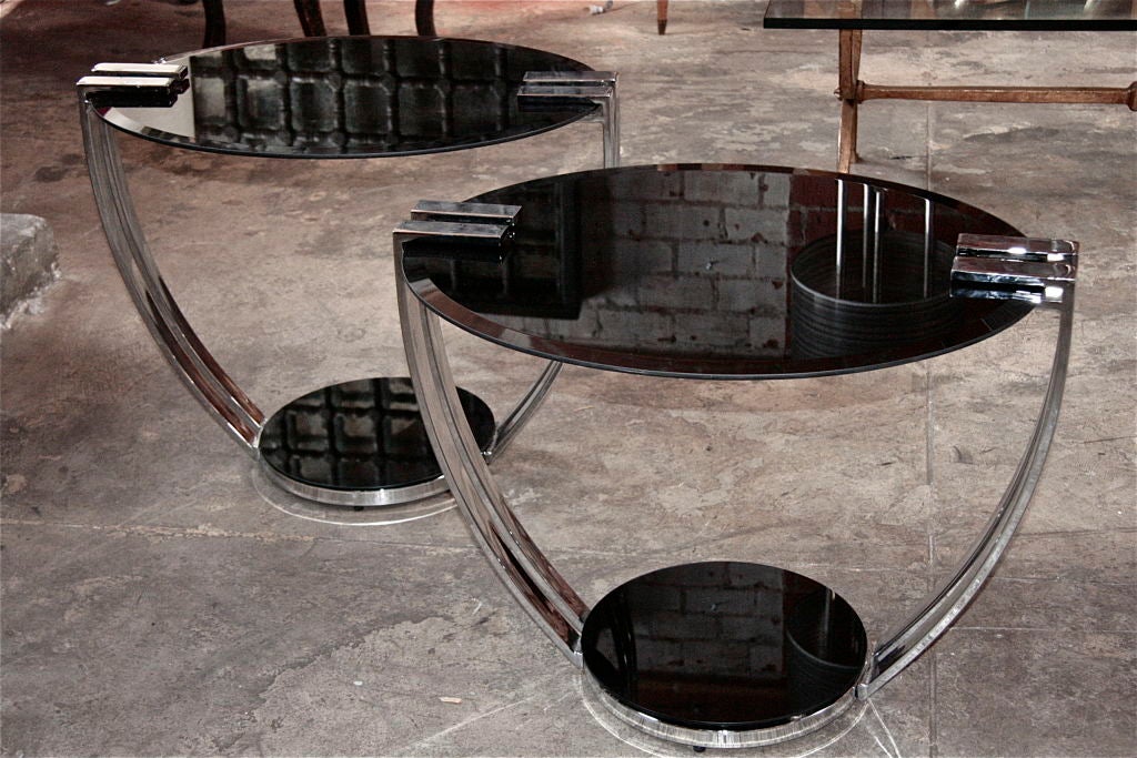 Italian 70s Steel/Opaline Glass End Tables
