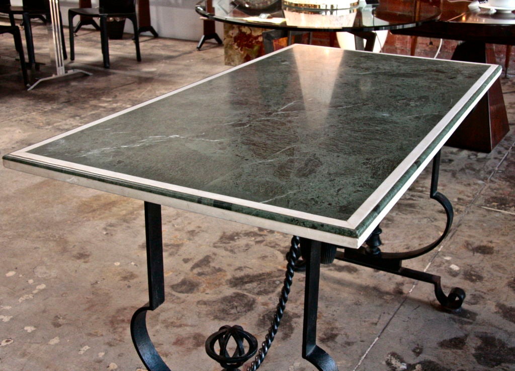 French Iron 1940s Marble-Top Table Attributed to Gilbert Poillerat In Excellent Condition In Los Angeles, CA